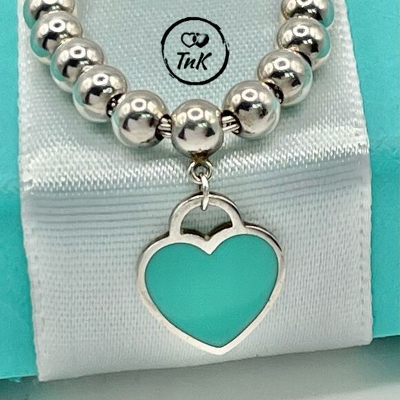 Tiffany & Co. Sterling Silver Return To Blue Enamel Heart Tag Bracelet 6.8” - Picture 2 of 14